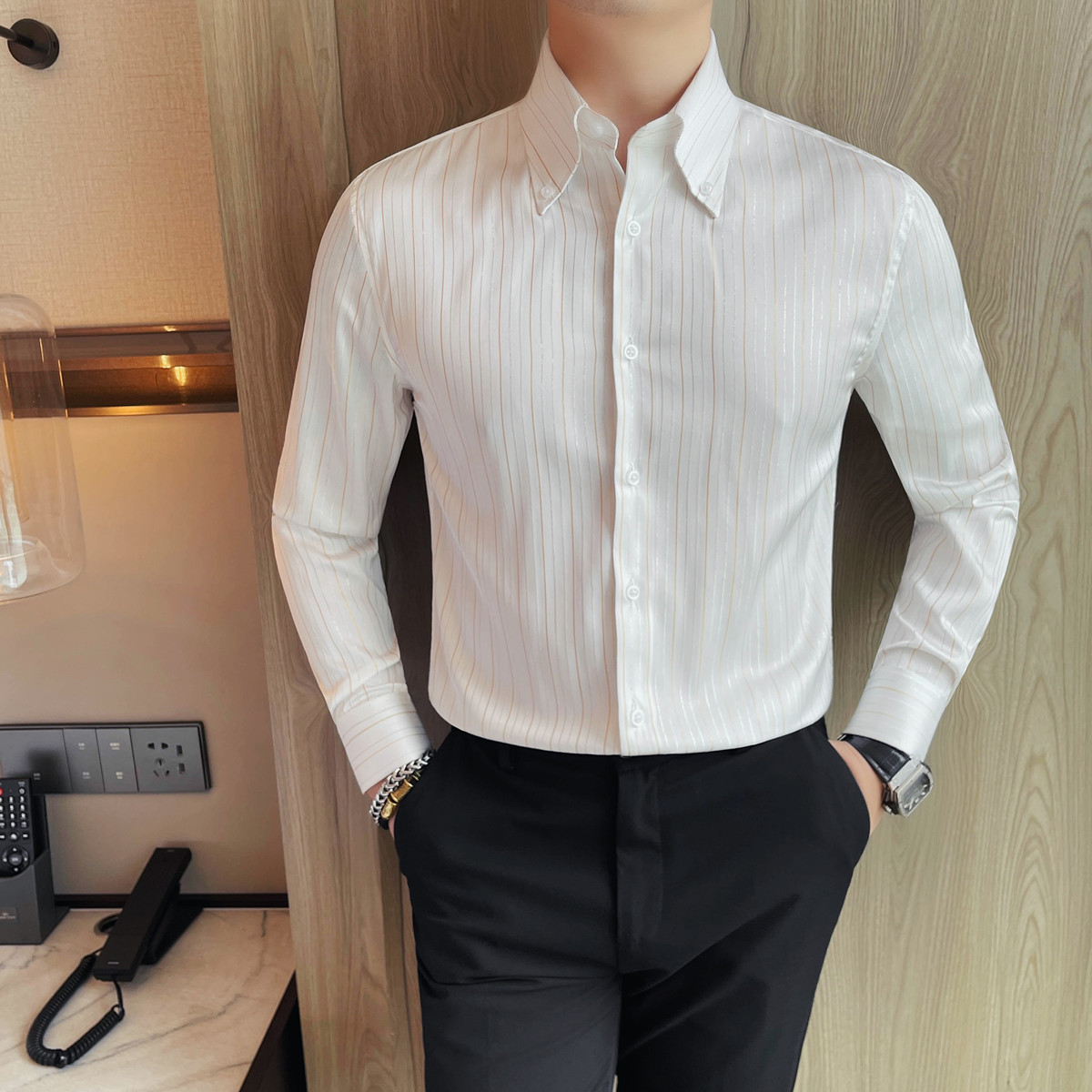 3132-P95 顺滑条纹衬衫男士长袖春秋新款时尚百搭休闲圆领长袖T恤图片