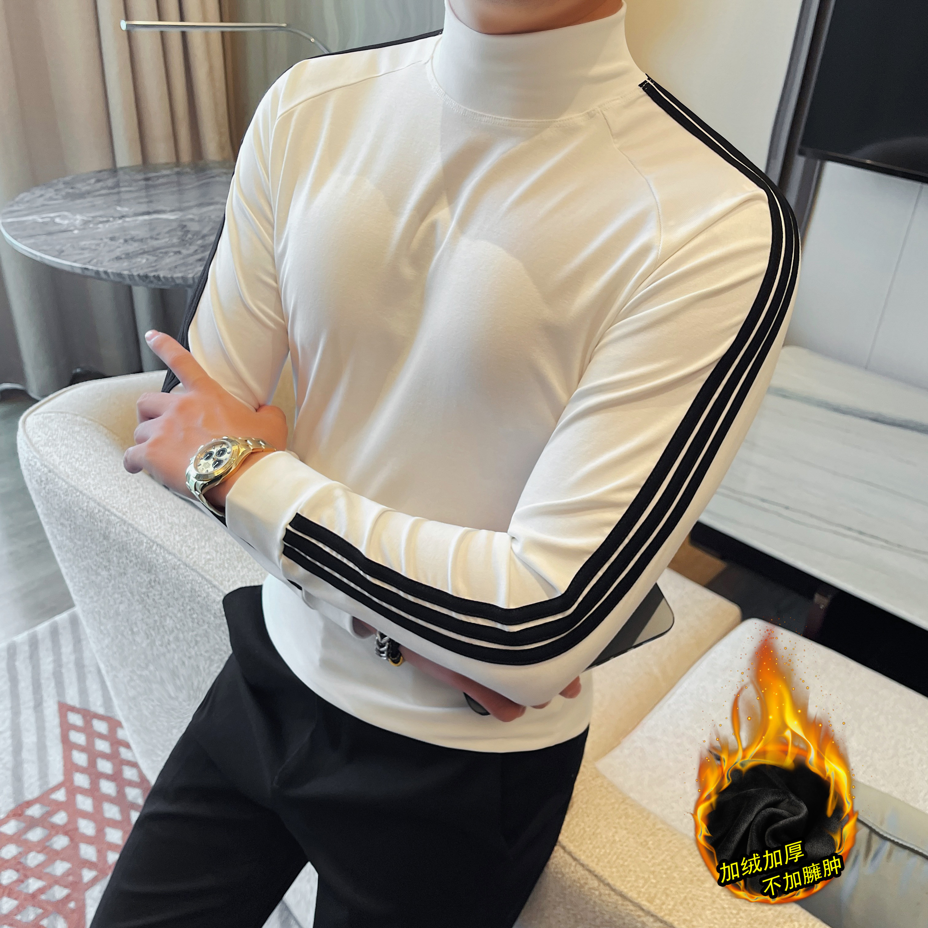 2639-P53男士长袖拼色T恤新款半高领修身纯色中领打底衫上衣,男装T恤,电商B333
