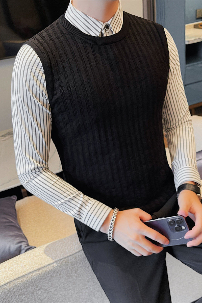 HM008-P105假两件男士秋冬新款修身衬衫领针织毛衣打底衫,男装T恤,电商B333