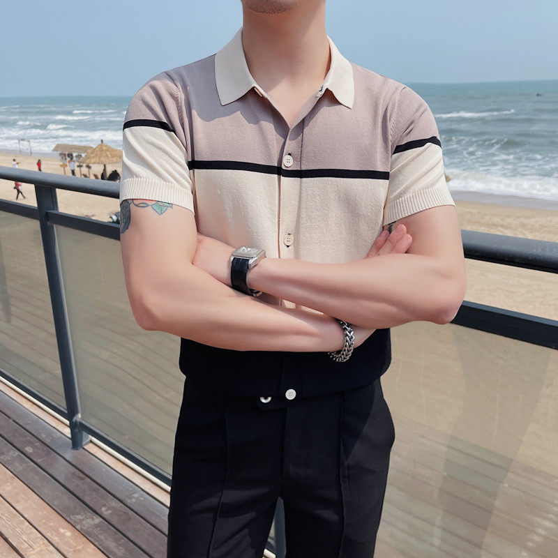 3356-P78男士短袖polo衫夏季修身针织冰丝开衫潮流休闲半袖t恤,男装Polo衫,电商B333
