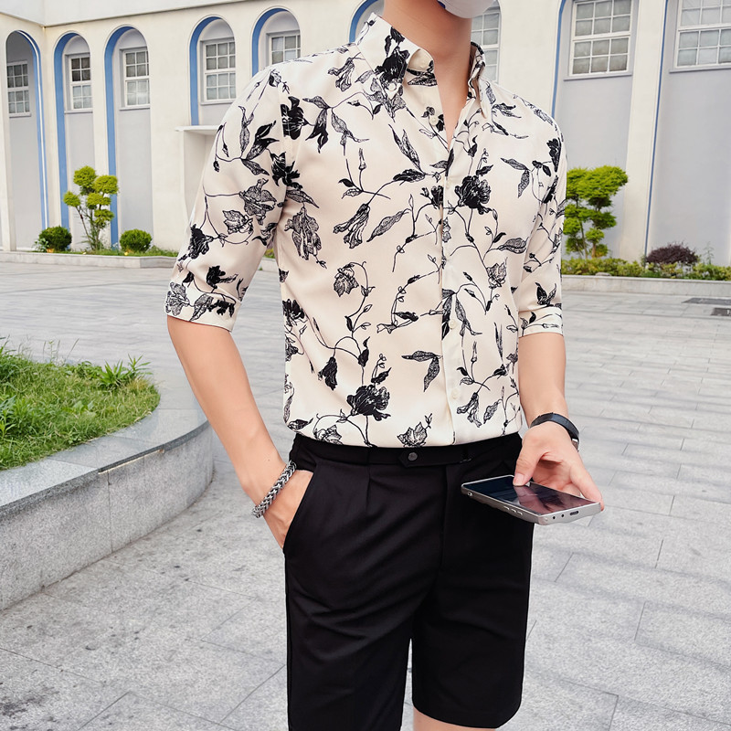 C3120-P78男士中袖衬衫夏季潮流休闲帅气修身五分袖衬衣,男装T恤,电商B333