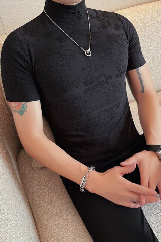 T2405-P38短袖T恤男士半高领修身打底衫花纹个性体恤,男装T恤,电商B333