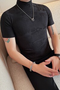 T2405-P38 短袖T恤男士半高领修身打底衫 花纹个性体恤图片