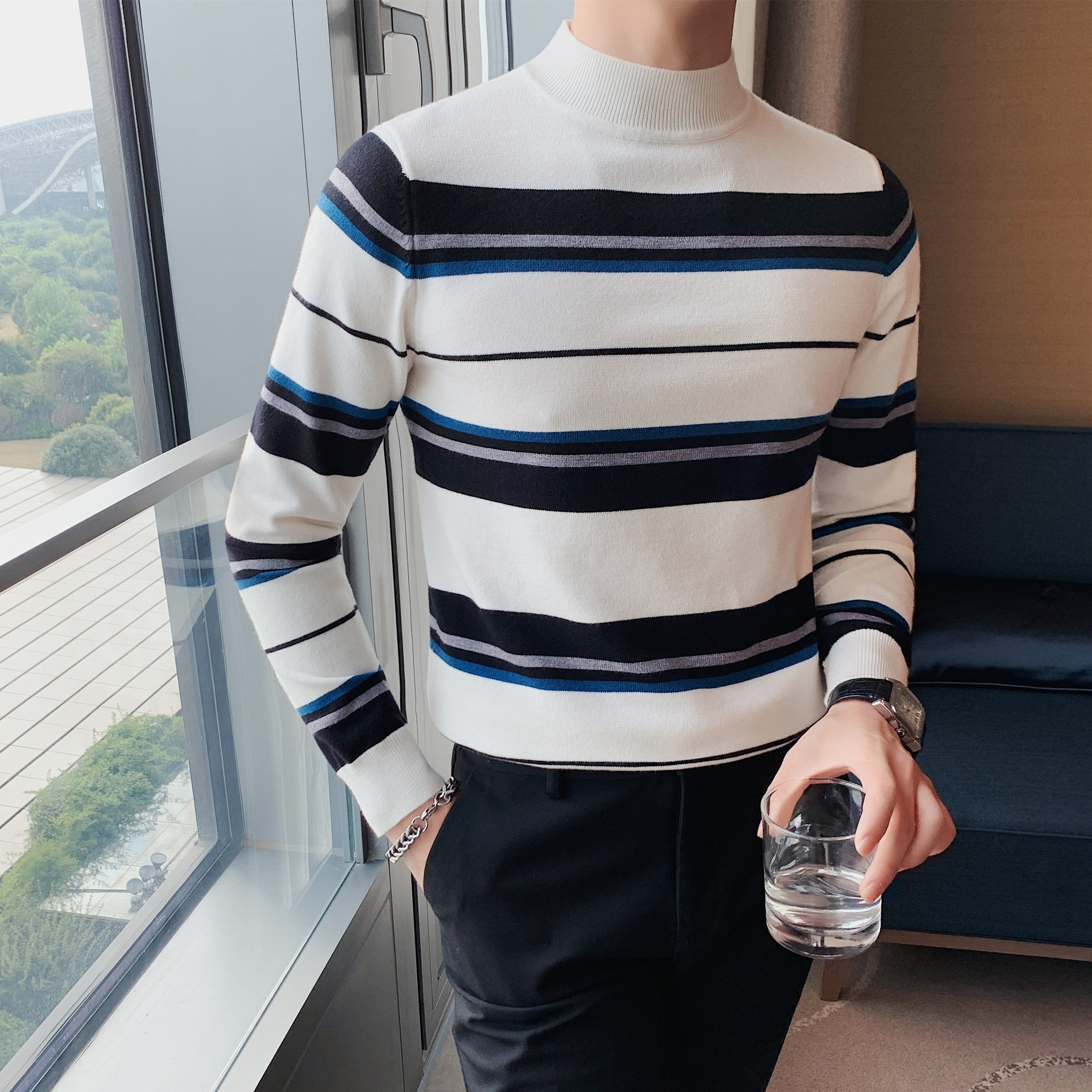 8517-P55条纹毛衣男士半高领冬季新款修身拼色针织衫中领打底衫图片