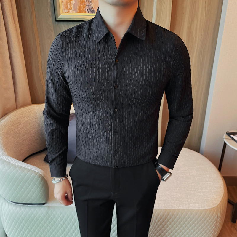 C9403-P65 秋季新款男装黑色长袖衬衫简约休闲春秋款翻领衬衣男装图片