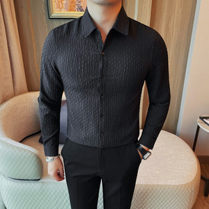 C9403-P65 秋季新款男装黑色长袖衬衫简约休闲春秋款翻领衬衣男装图片
