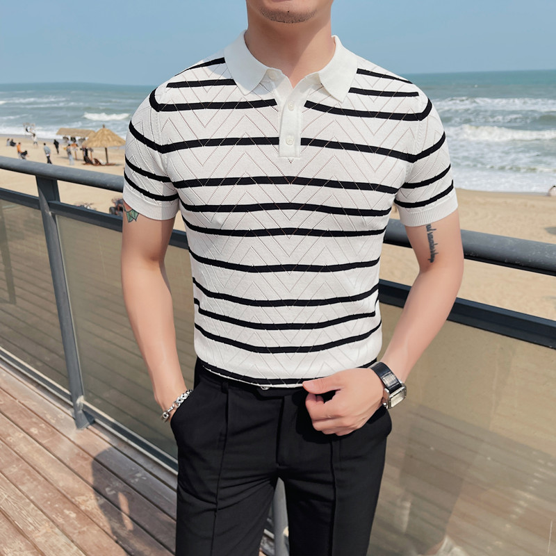 PT25-P58 针织冰丝短袖t恤男士夏季翻领修身条纹polo衫图片