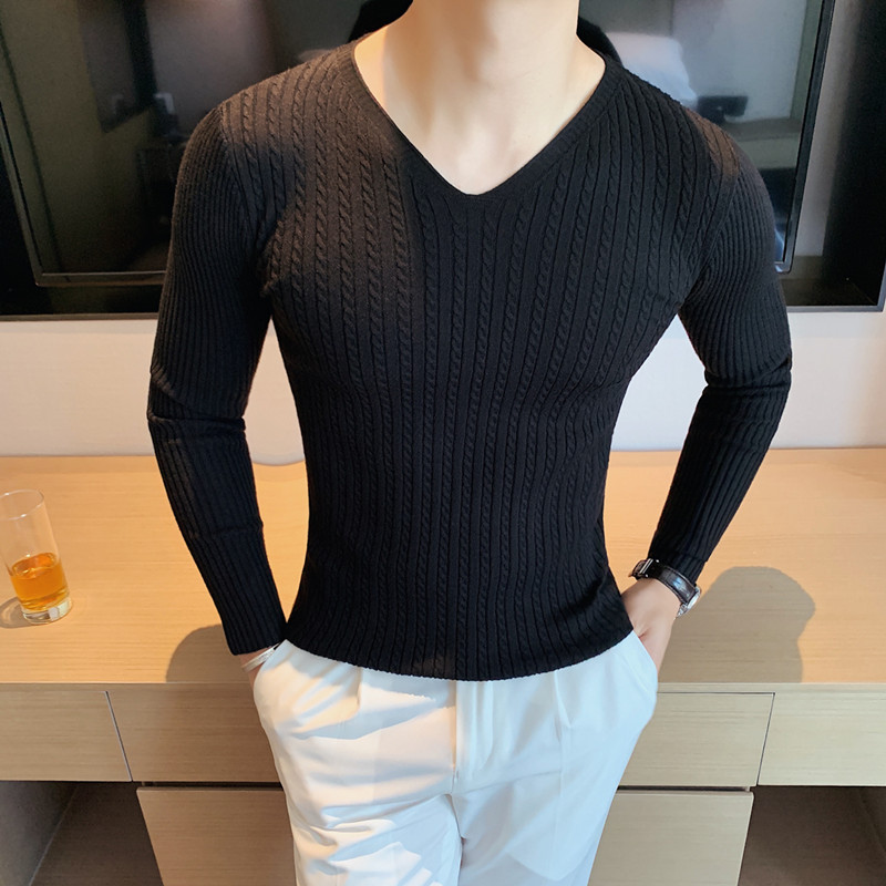 7700-特P45春季型男纯色V领打底针织衫韩版新款修身长袖毛衣T恤黑,男装T恤,电商B333