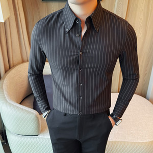 2202-P65 高品质条纹大领衬衫男士长袖商务休闲修身衬衣图片