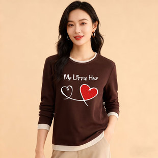 秋冬女加厚保暖德绒长袖 显瘦印花圆领拼接设计感打底上衣 T恤修身