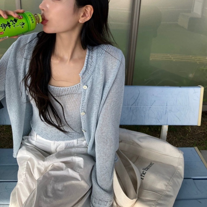 现货2025夏新款韩国东大门th*Bar*net八奶薄款吊带针织开衫女套装
