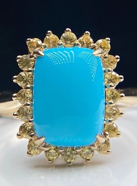 高瓷蓝原矿绿松石镶嵌18k黄金钻石女戒