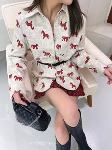 南油欧货2026新年氛围感刺绣马上有钱棉麻洋气衬衫 配腰带seven.T