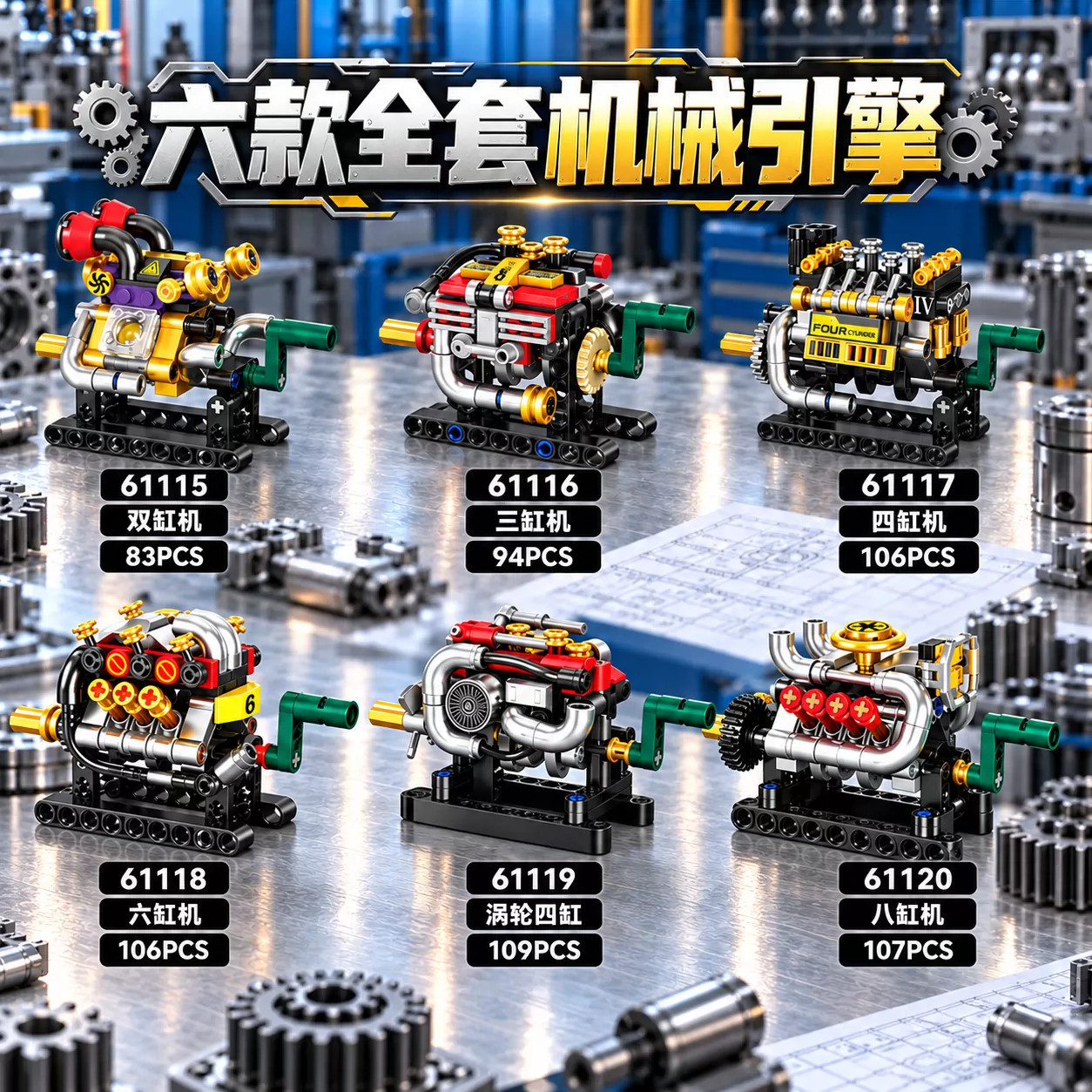 迷你V8八缸发动机积木引擎结构手摇可动益智拼装模型玩具男孩摆件