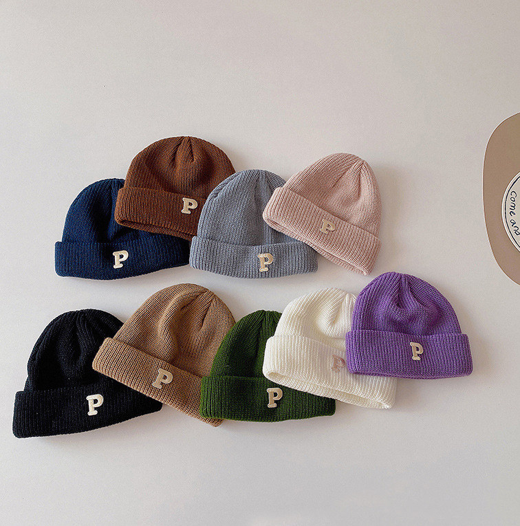 颜色洋气~百搭韩国儿童莫兰迪纯色针织帽子字母男女宝宝毛线帽冬