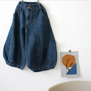 2023春秋宽松牛仔裤 自留强推 腔调复古儿童全棉牛仔拼接灯笼裤