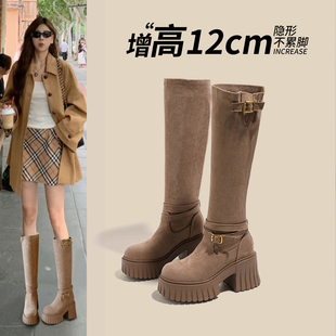 12CM增高跟长靴女2025年新款秋冬小个子不过膝高筒骑士靴真皮显瘦