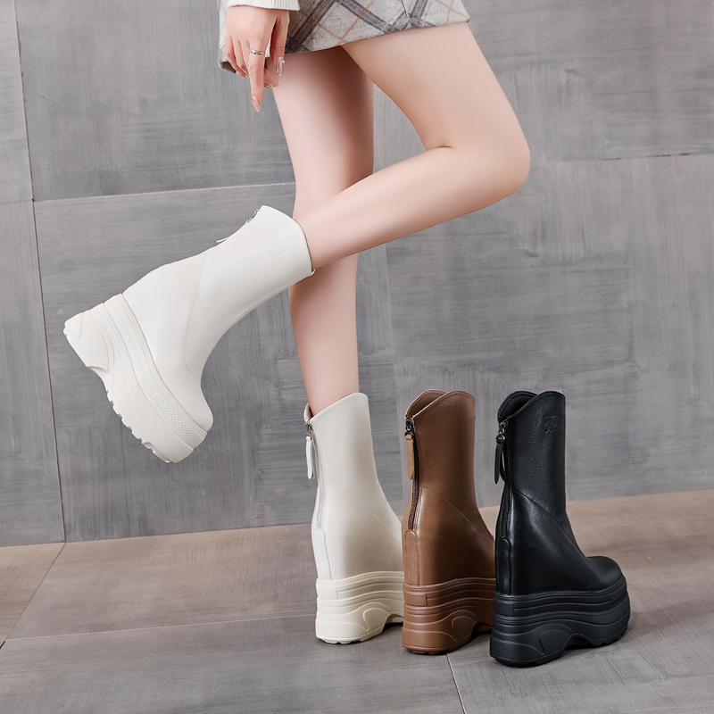 15CM内增高马丁靴女小个子2025年新款真皮中筒靴秋冬加绒厚底短靴