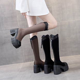 真皮12cm增高跟长靴女2025年新款秋冬小个子不过膝高筒骑士靴显瘦