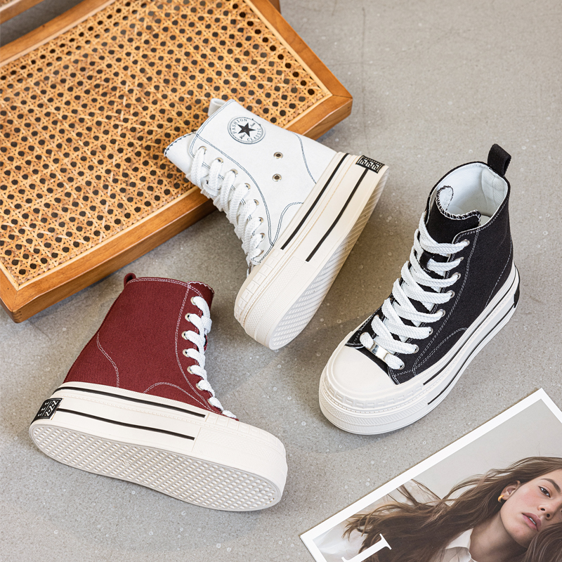 12CM隐形内增高女鞋春秋2025新款小个子厚底高帮帆布鞋百搭休闲鞋
