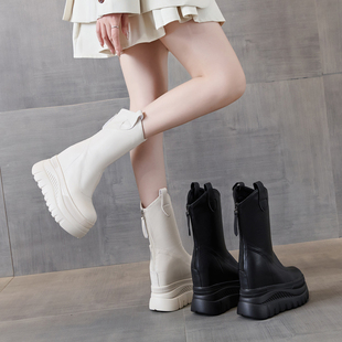 12cm内增高中筒马丁靴女小个子2025新款秋冬加绒真皮厚底短靴显瘦
