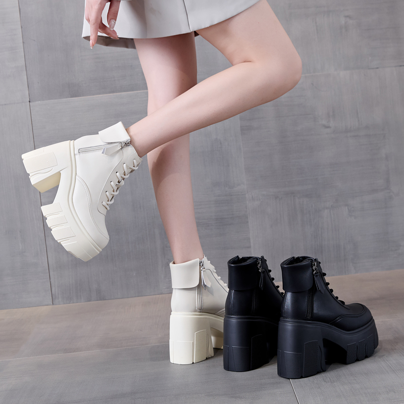 真皮12cm增高跟马丁靴女小个子2025年新款秋冬加绒英伦风粗跟短靴