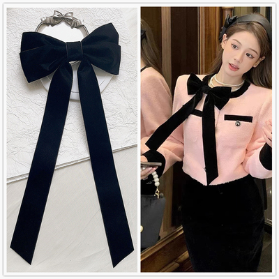 超大黑色丝绒领结女上衣配饰复古领口蝴蝶结装饰小香风外套领花