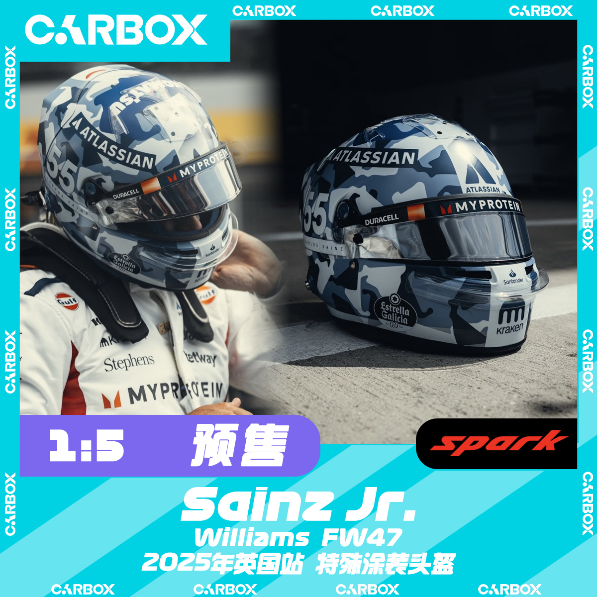 [CarBox]F1车手头盔模型Spark 1:5 塞恩斯 威廉姆斯FW47 2025英国