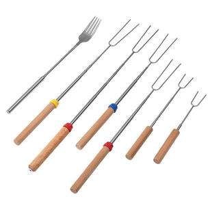 不锈钢伸缩烧烤叉户外BBQ热狗叉食品叉木柄u型叉烤签烤肉工具