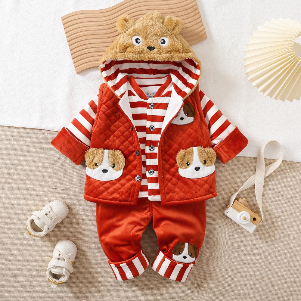 卡通婴乐绒秋冬季马甲三件套