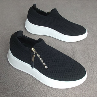 侧拉链飞织透气单鞋 重鞋 黑色 休闲厚底松糕个性 外贸2024年春秋新款