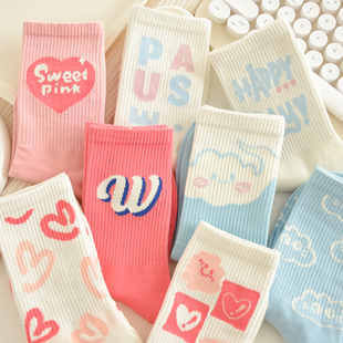 袜子女秋冬中筒袜棉袜学院风长袜韩版 卡通ins潮春秋高筒运动外穿