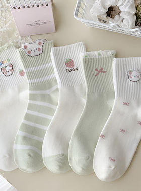 2025春秋新款爆款袜子女绿色小熊中筒袜精梳棉透气花边可爱运动风