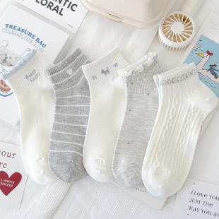 网面浅灰白蓝蝴蝶结袜子女短袜春夏新款 简约花边棉袜透气百搭船袜