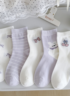 春秋紫色袜子女中筒袜精梳棉樱桃小兔蝴蝶结百搭不勒少女可爱秋季