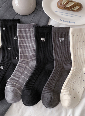 无骨秋冬蝴蝶结羊毛袜子女加厚长筒袜冬季保暖中筒袜波点灰色双针