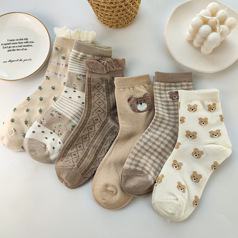 ins潮日系小熊卡通格子中筒袜