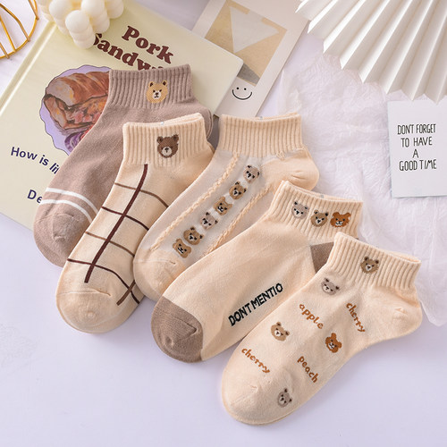 春夏纯棉卡通小熊袜子女薄款透气