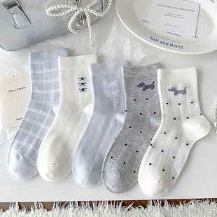春季 蓝灰小狗袜子女中筒袜棉袜蝴蝶结圆点春秋夏松口不勒网红新款