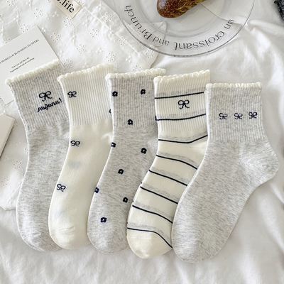 灰色花边蝴蝶结中筒袜春秋精梳棉