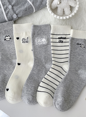灰色小猫刺绣秋冬袜子女长筒袜韩版ins潮精梳棉春秋高级感中筒袜