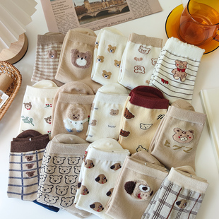 6双袜子女中筒袜可爱日系长袜韩国卡通ins潮春秋棉袜网红小熊学生