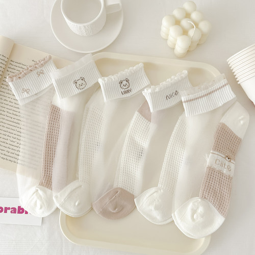 浅咖小熊水晶丝棉底短袜夏季薄款
