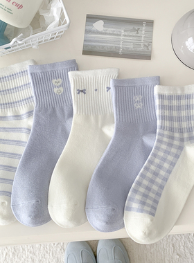 春秋蓝色格子条纹袜子女中筒袜纯棉透气秋季运动风韩版蝴蝶结新款