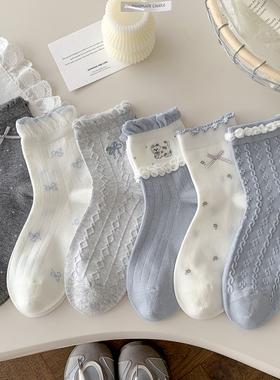 春秋蓝色刺绣猫袜子女饰品蝴蝶结中筒袜花边精梳棉透气田园风新款
