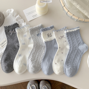 春秋蓝色刺绣猫袜子女饰品蝴蝶结中筒袜花边精梳棉透气田园风新款