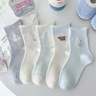 运动小狗甜美中筒女袜蓝色日系