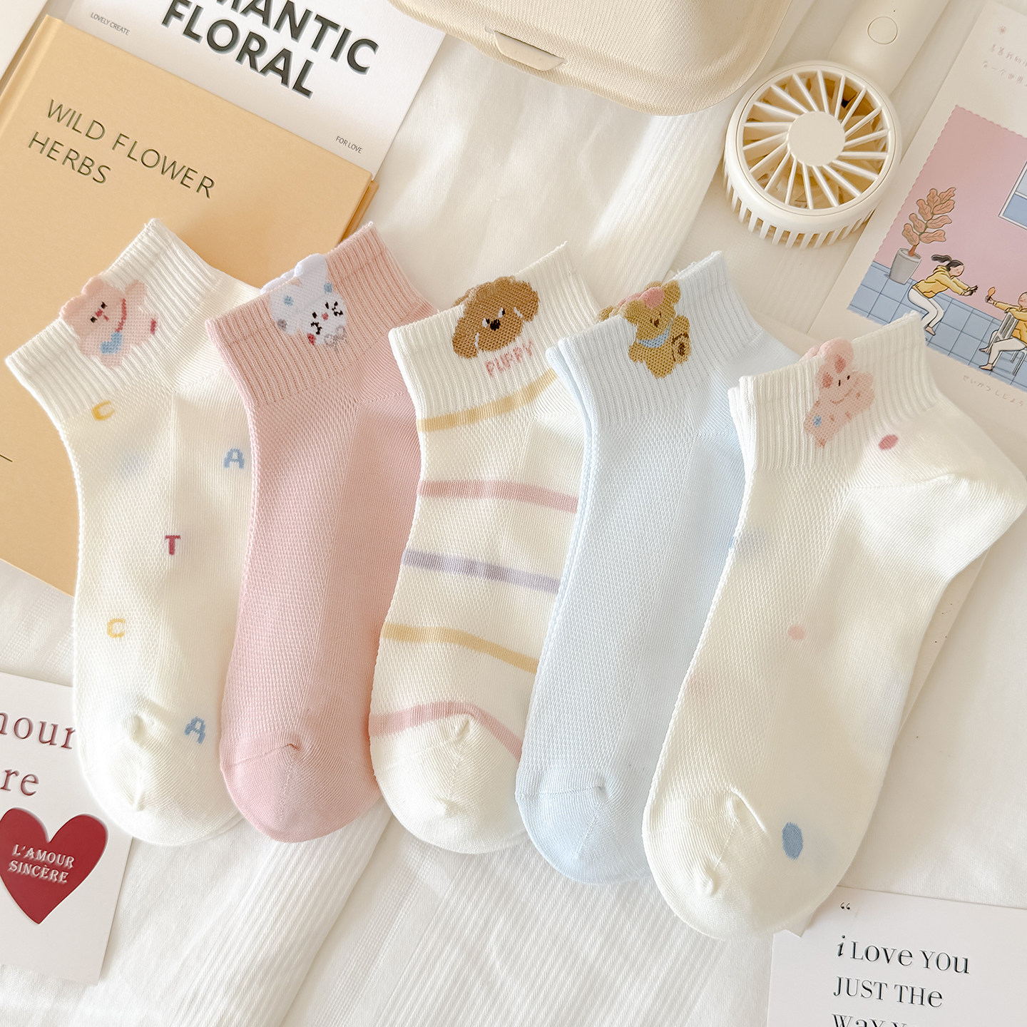 网面立体小动物袜子女春夏薄款短袜多彩条纹字母棉袜透气船袜甜美