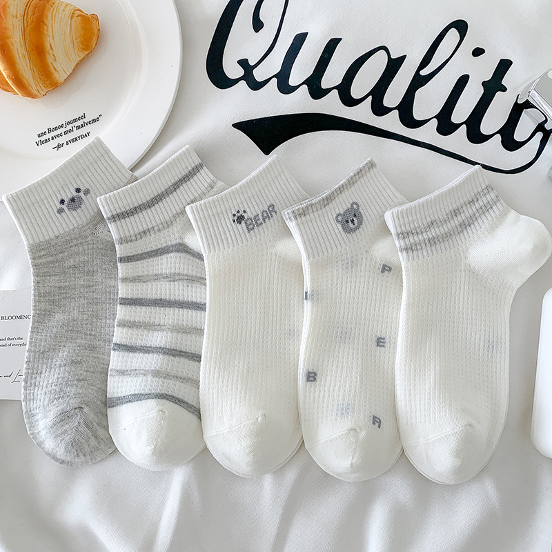 灰色小熊全网眼精梳棉空调短袜女