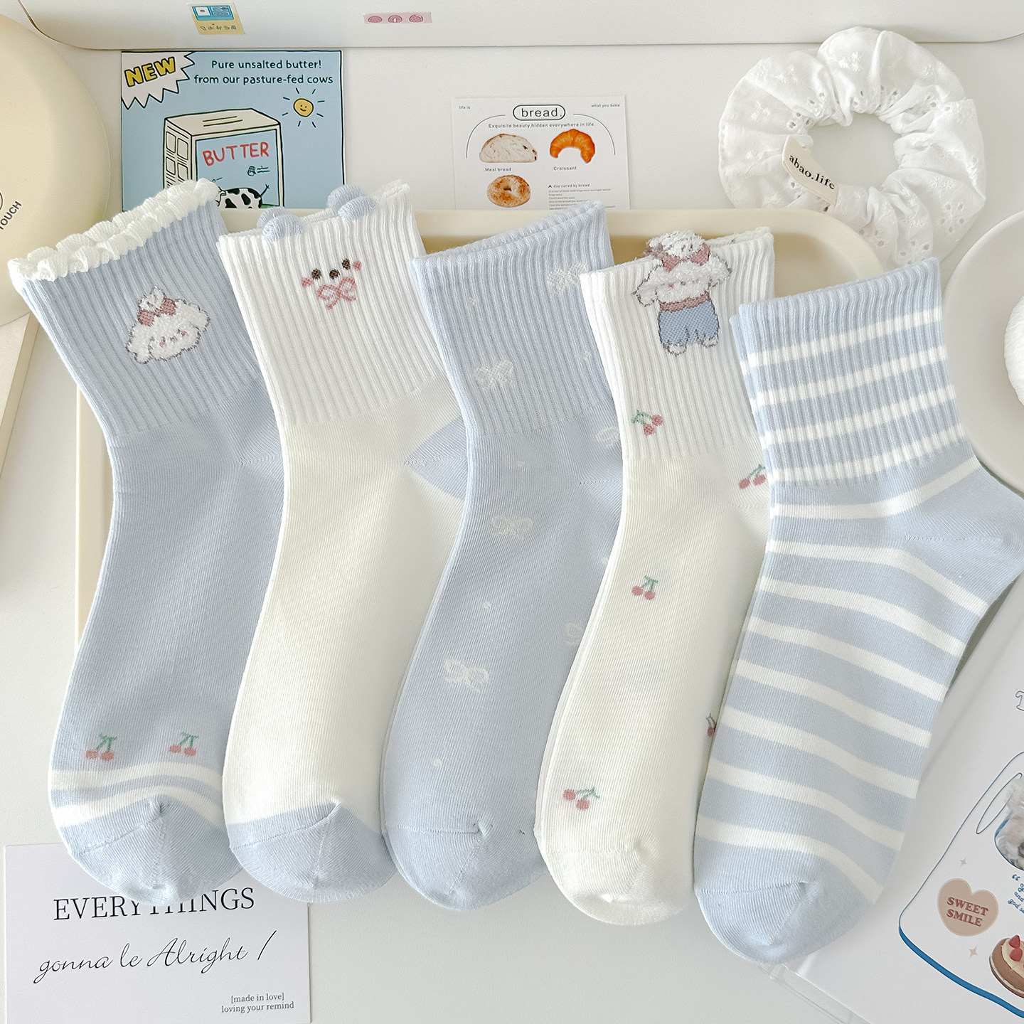 毛绒卡通小狗蓝色中筒袜甜美纯棉